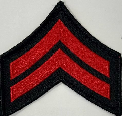 CORPORAL (CPL) CHEVRONS RED on BLACK - SOLD in PAIRS.